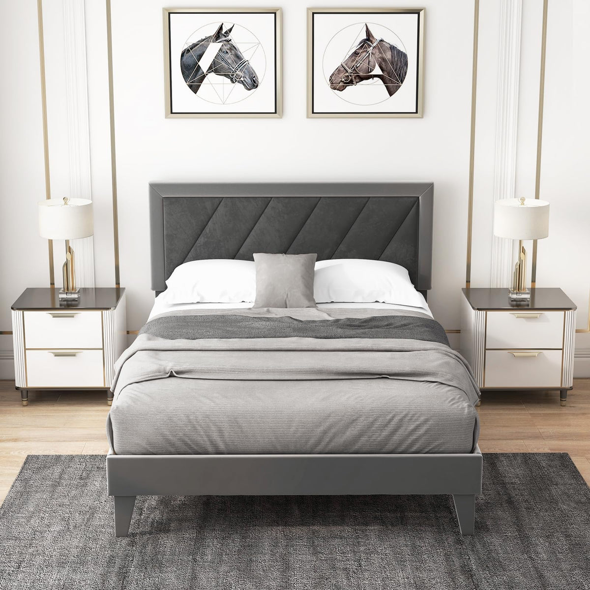 Goflame Full Size Velvet Bed Frame with Headboard, Modern Upholstered Platform Bed, No Box Spring Needed, Black & Gray