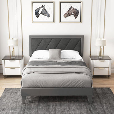 Goflame Full Size Velvet Bed Frame with Headboard, Modern Upholstered Platform Bed, No Box Spring Needed, Black & Gray