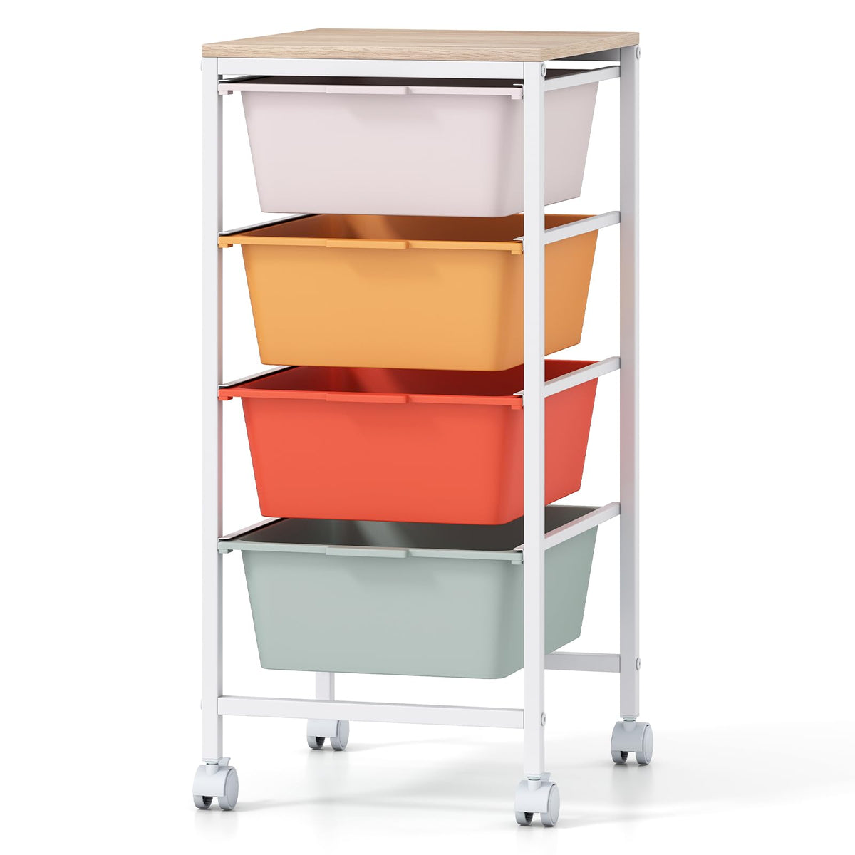Goflame 4-Drawer Rolling Storage Cart Mobile Utility Organizer with Wooden Tabletop and Lockable Wheels