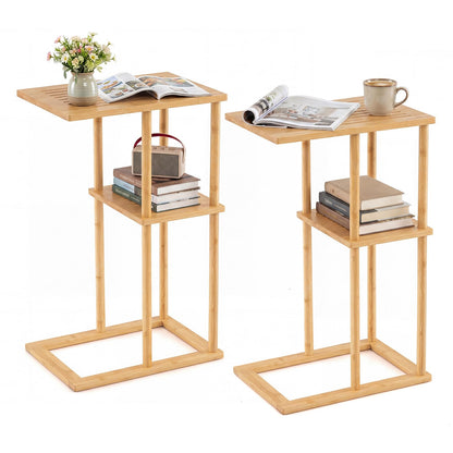 Goflame Side Table Set of 2 with Storage Shelves and Bamboo Construction