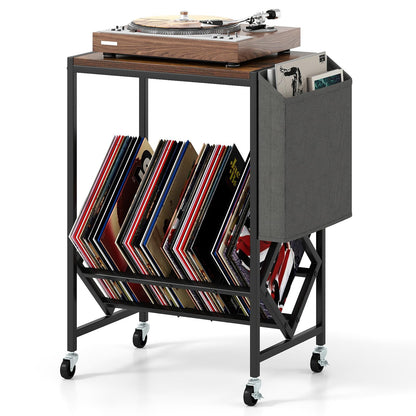 Goflame Rolling Record Player Stand 2-Tier with Vinyl Storage and Magazine Holder Bag