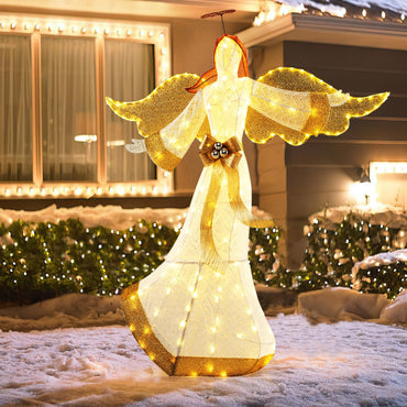 Goflame 5.2 FT Christmas Lighted Angel, Pre-Lit Winged Holiday Figure Angel with180 Warm White LED Lights