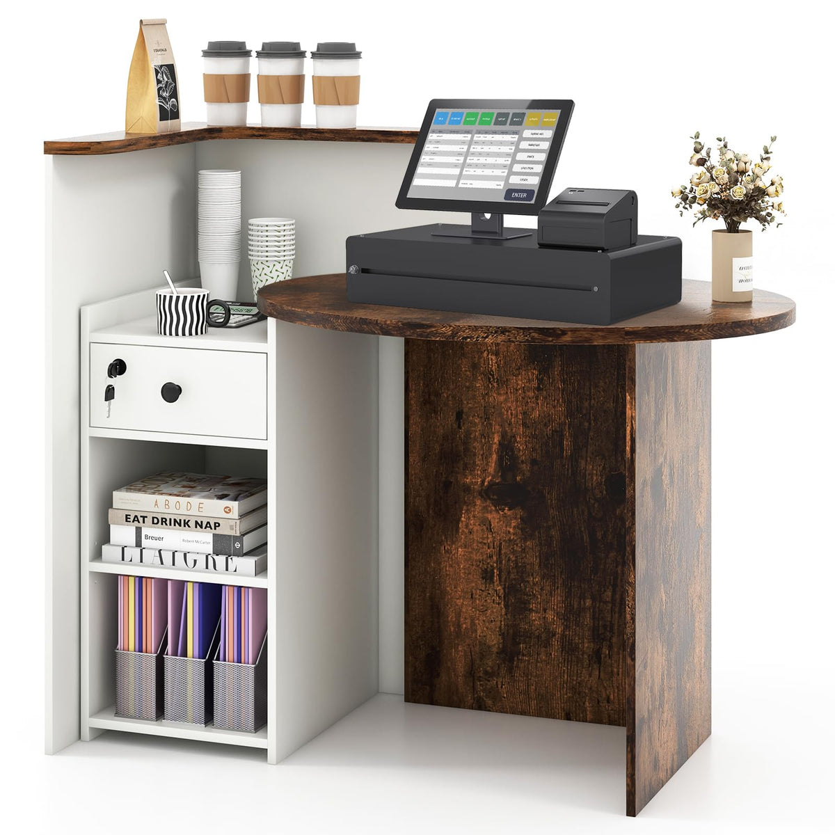 Goflame Reception Desk, Front Counter Desk with Lockable Drawer, Checkout Table with Round Tabletop