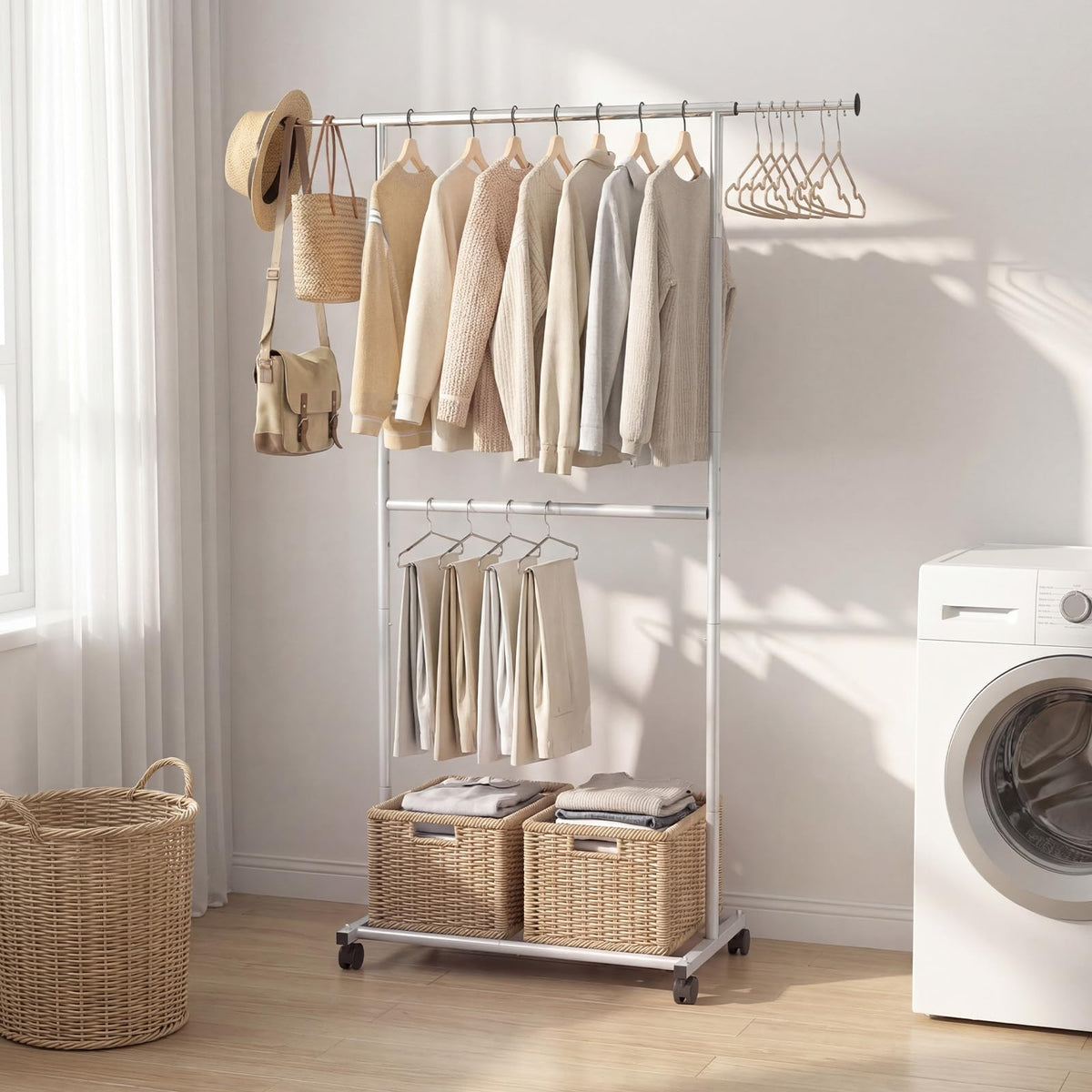 Goflame Extendable Double-Rod Rolling Clothing Rack for Hanging Clothes
