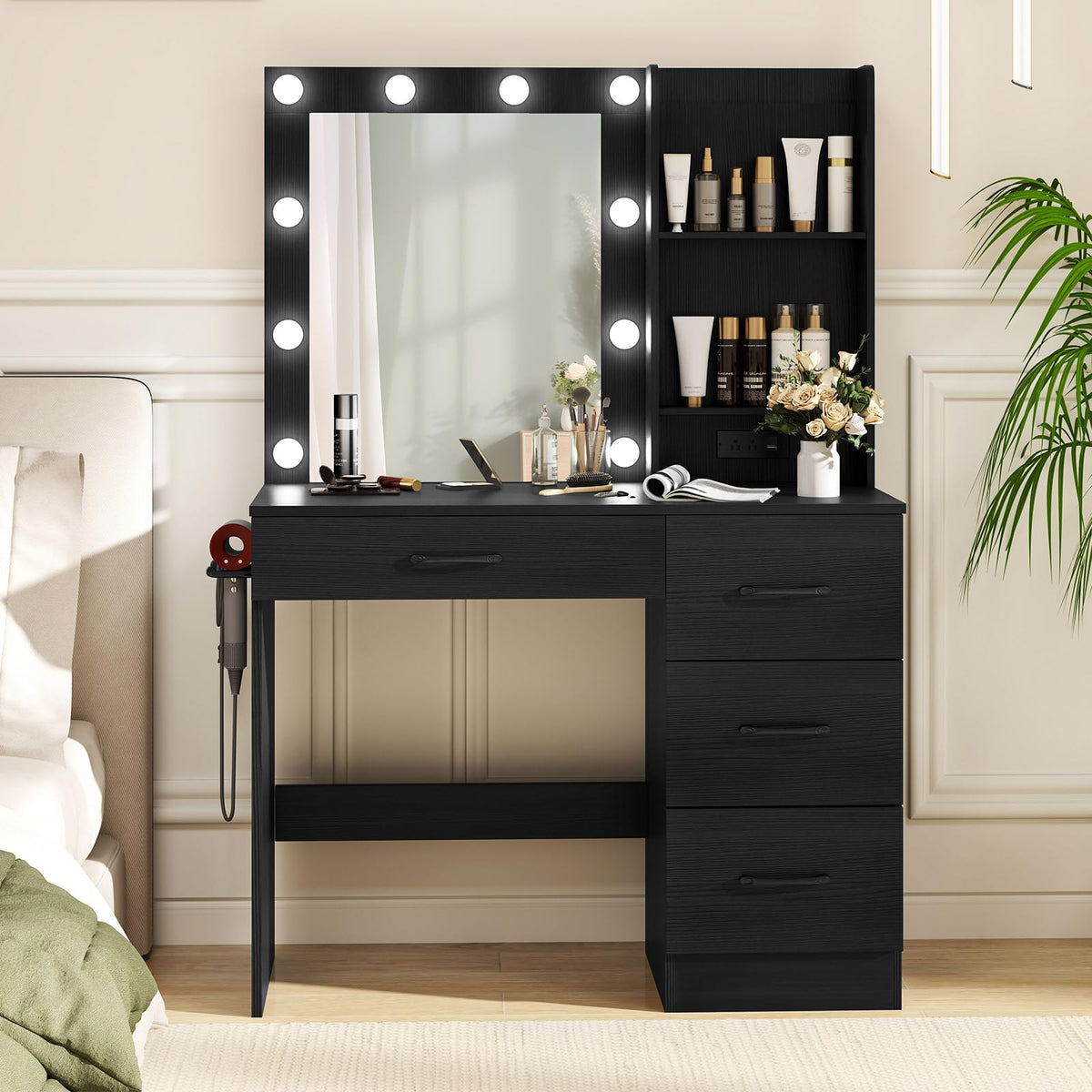 Makeup Vanity Desk with Lights, Modern Dressing Table with Charging Station