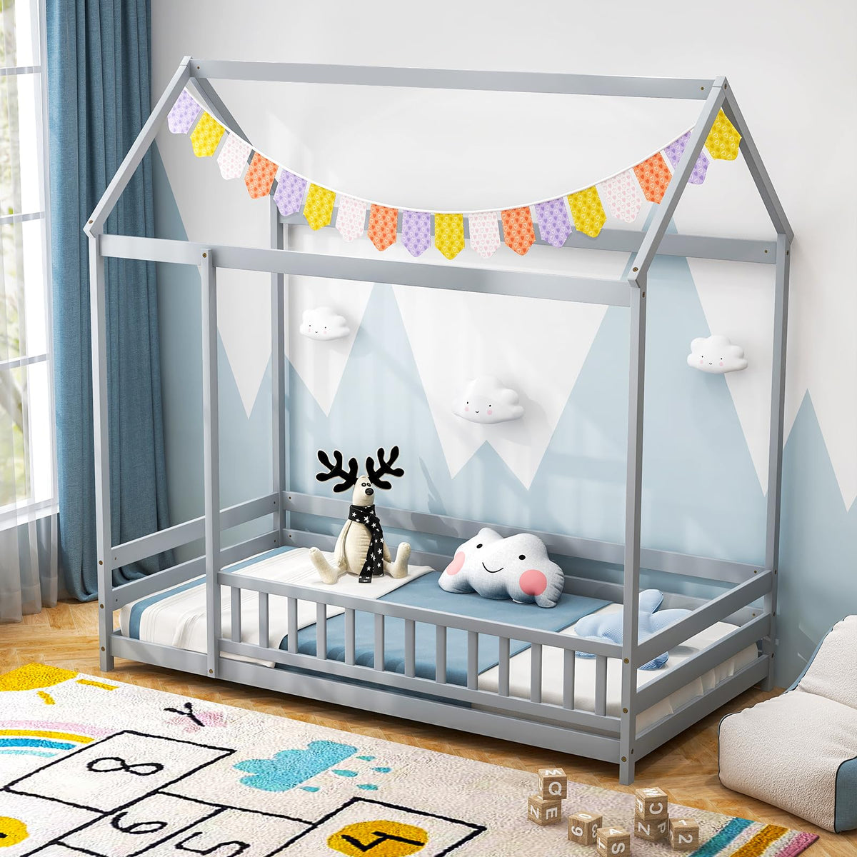 Goflame Twin Floor Bed with Fence, Wood Montessori Bed with Safety Guardrails and 80.5" High Roof Design