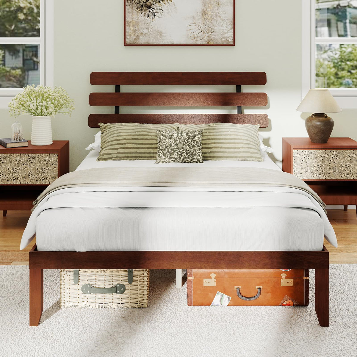 Goflame Queen/Full/Twin Size Platform Bed with Retro Headboard Mid Century Modern Bed Frame with Wood Slat Support