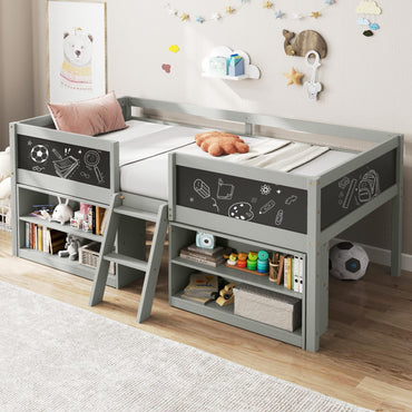 Goflame Low Loft Bed Twin Size, Wooden Loft Bed with Ladder & Blackboard