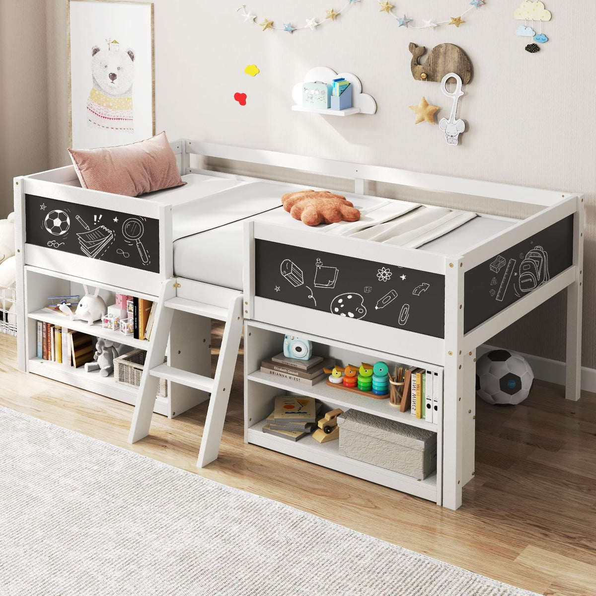 Goflame Low Loft Bed Twin Size, Wooden Loft Bed with Ladder & Blackboard