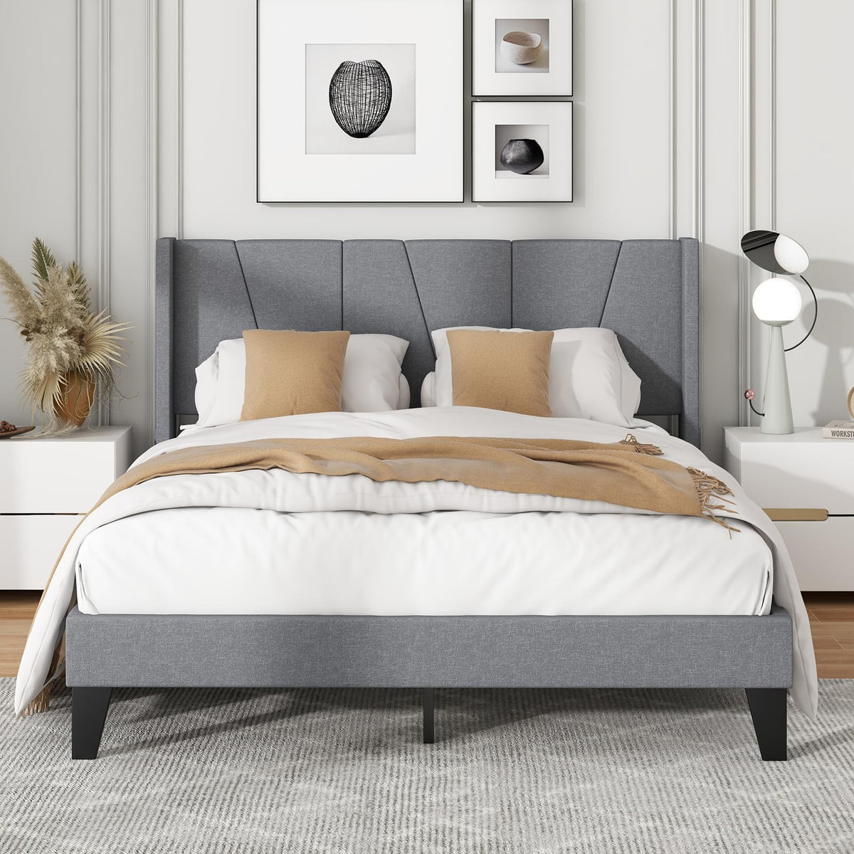 Goflame Queen/Full SizeBed Frame with Wingback Headboard