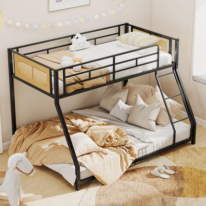 Goflame Twin Over Full Metal Bunk Bed, Boho Rattan Floor Bunkbeds