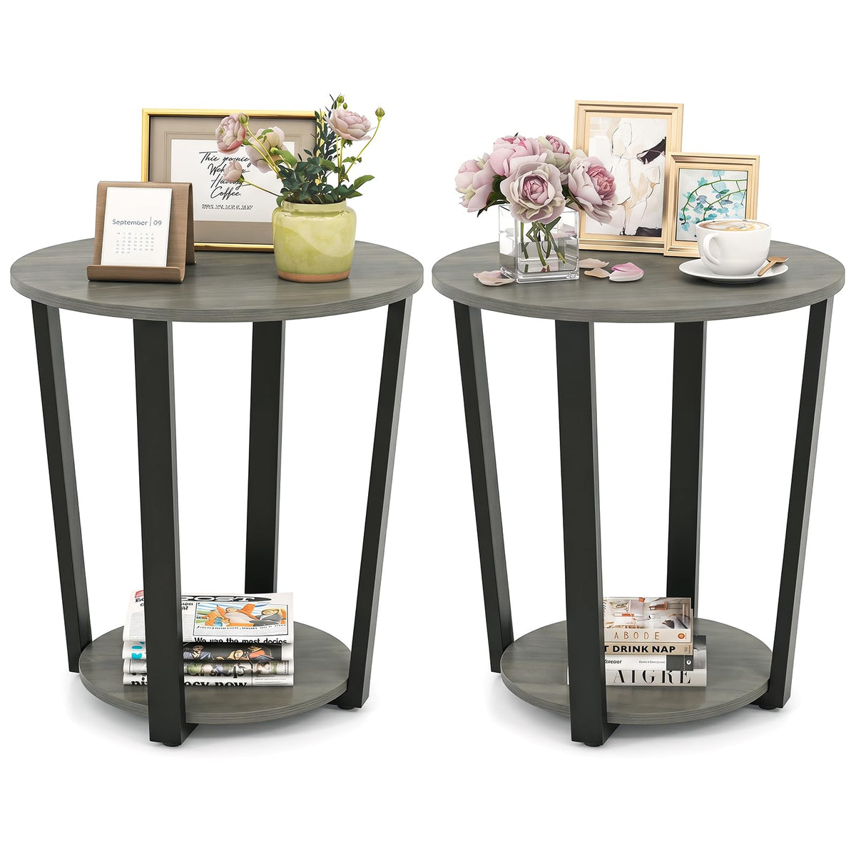 Goflame Round End Table with Open Storage Shelf and Metal Frame