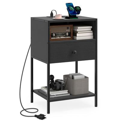 Goflame Night Stand with Charging Station for Bedroom Small Spaces