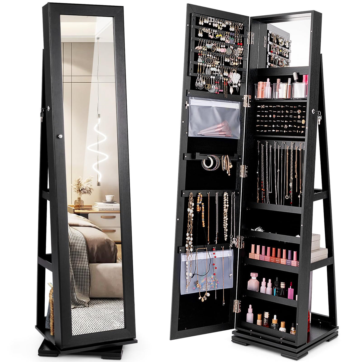 GOFLAME 360° Rotating Jewelry Armoire with Rear Storage Shelves