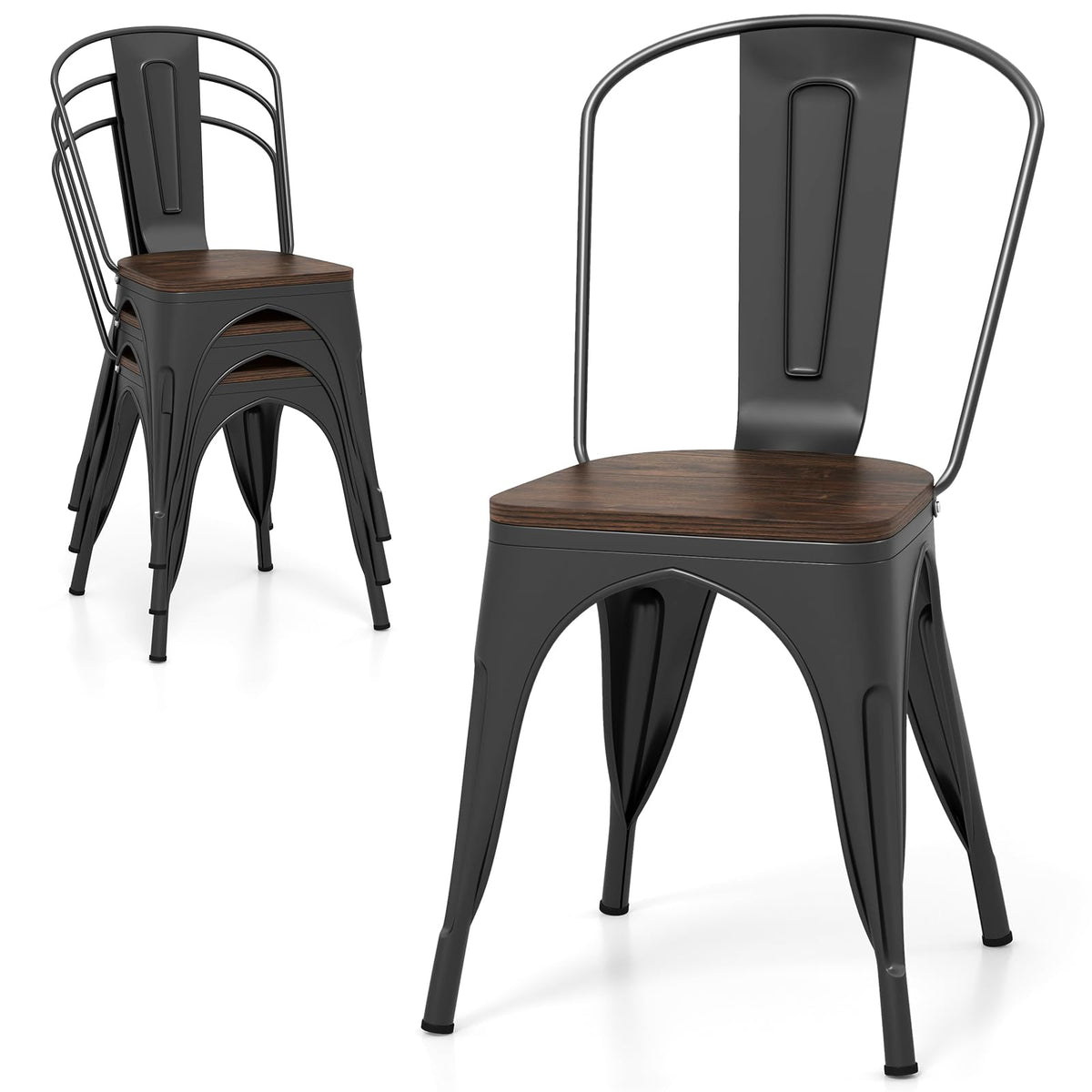 Goflame Metal Dining Chairs Set of 4, Stackable Kitchen Chairs with Wood Seat & Removable Backrest