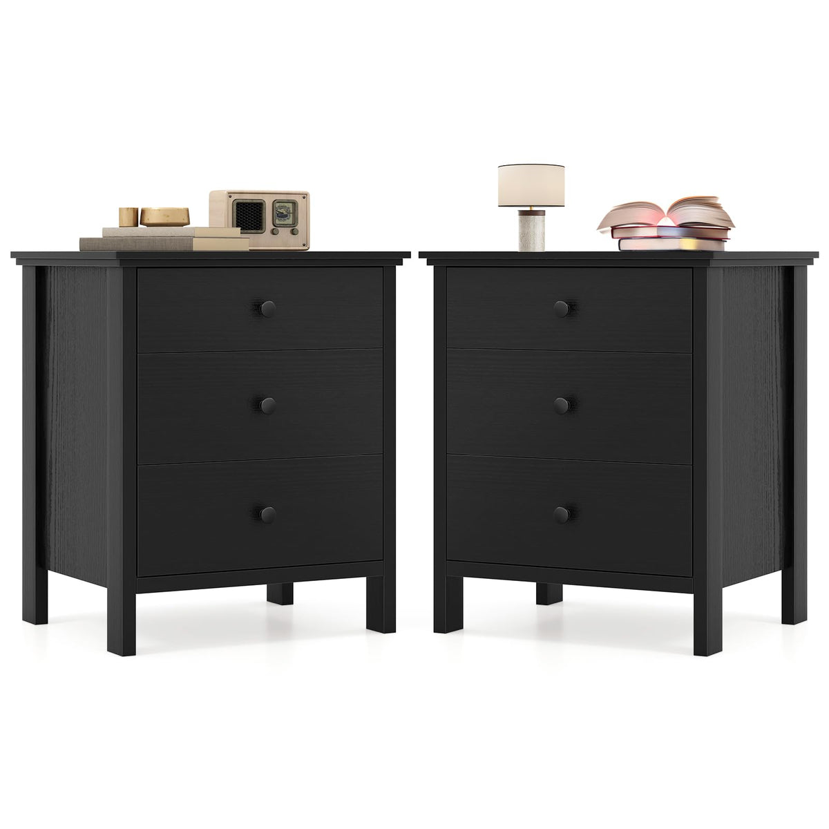 Goflame Two matching black three-drawer nightstands shown side by side on a white studio background, each styled with small tabletop decor items.