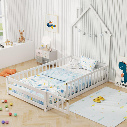 Goflame Twin Floor Bed, House-Shaped Montessori Bed Frame with Headboard, Full-Length Guardrail