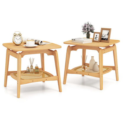 Goflame Rattan Side Table, Boho End Table with Storage Shelf, 2-Tier Bedside Table for Small Spaces