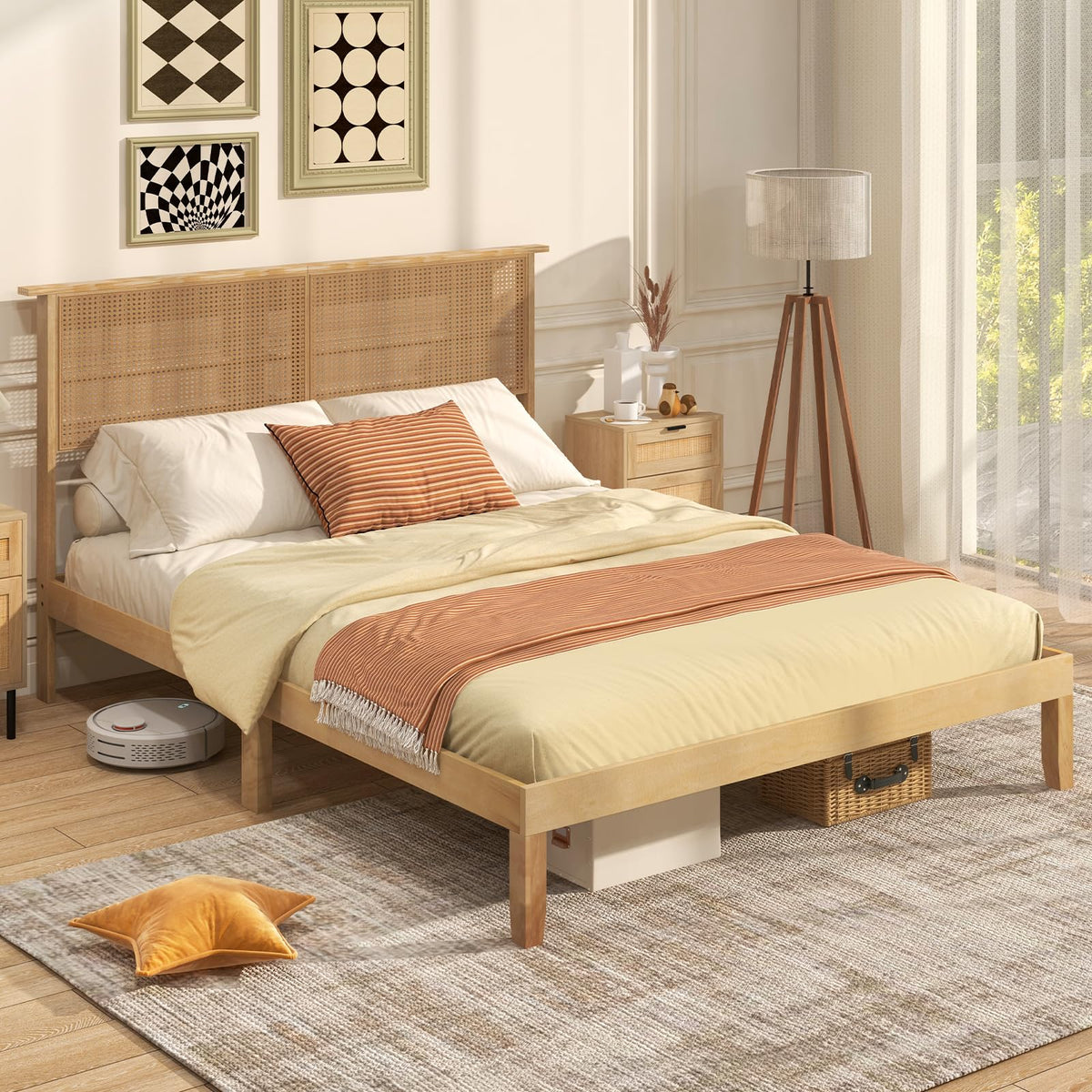 Goflame Queen/Full/Twin Size Bed Frames with Rattan Headboard, Boho Solid Wood Platform Bed with Wooden Slats