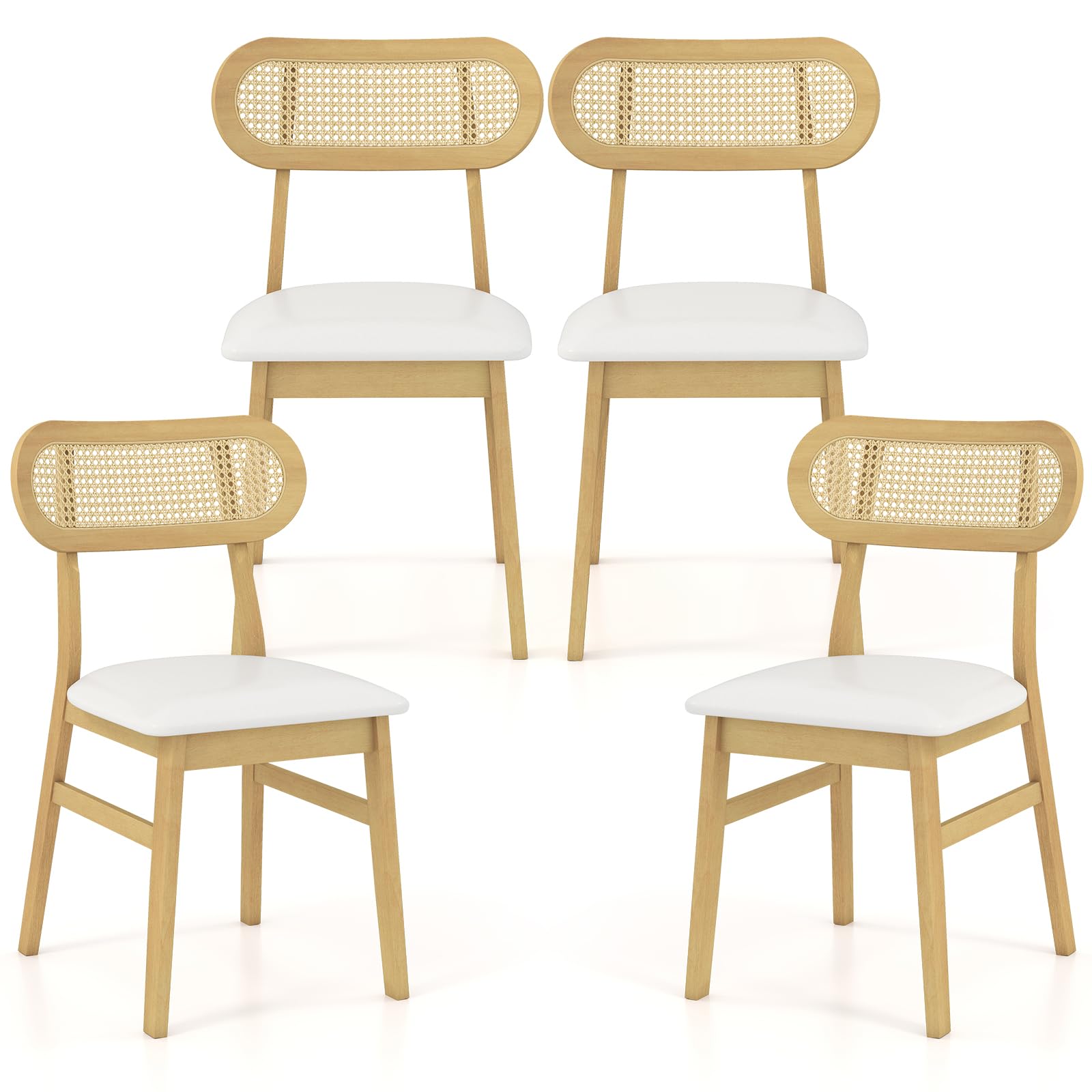 Goflame Four wooden chairs with wicker backrests and white cushions on a white background