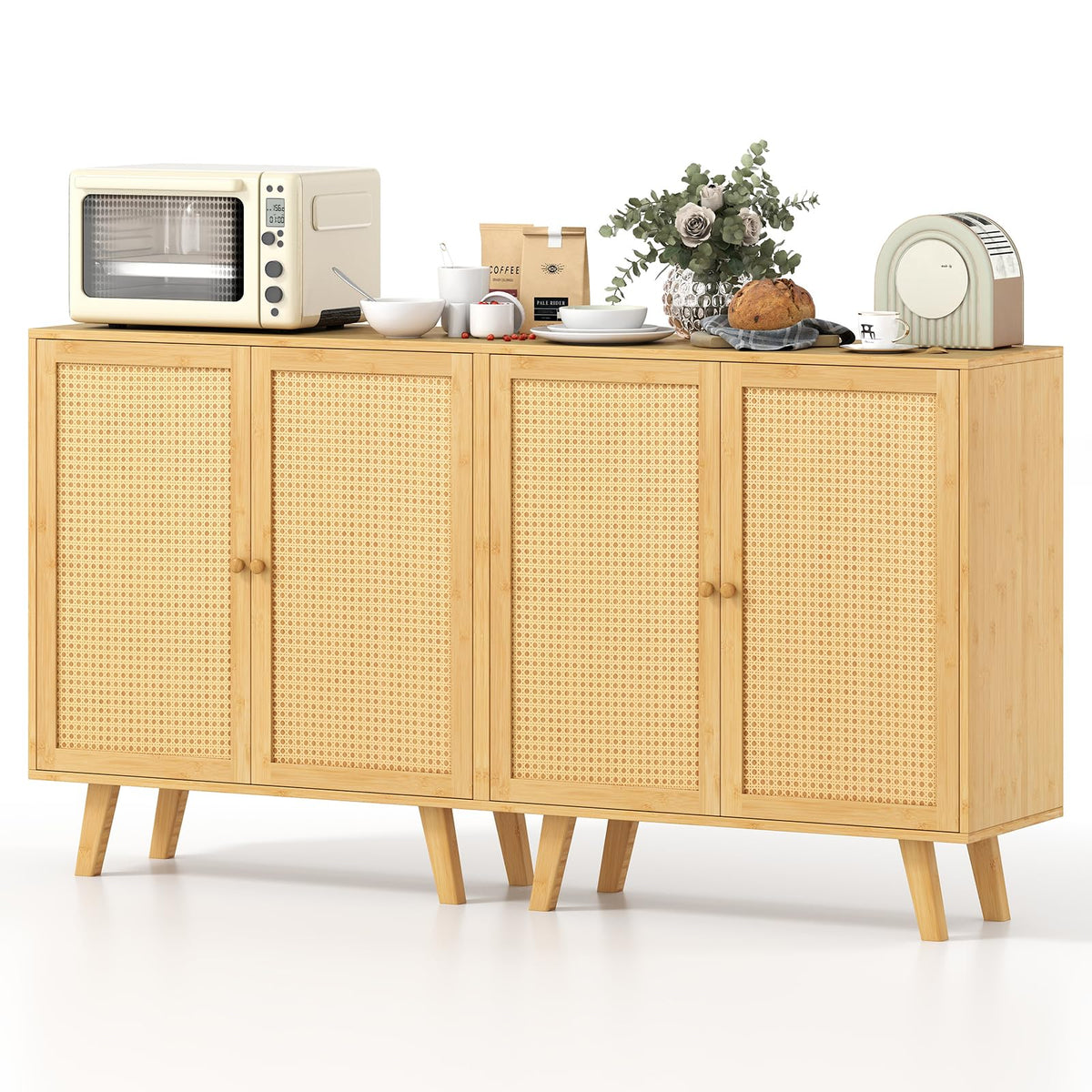 Goflame 2 Tier Bamboo Sideboard with PE Rattan Decorated Doors