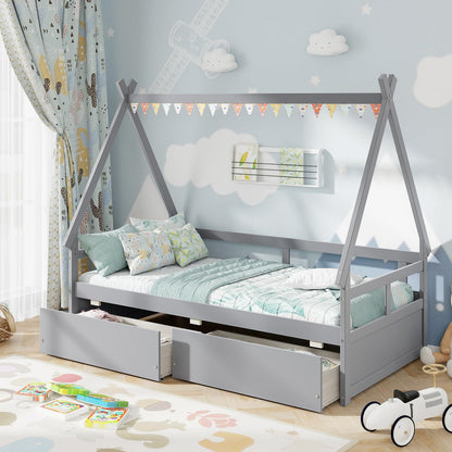 Goflame Twin Bed with 2 Storage Drawers, Wood Montessori House Tent Bed Frame with Safety Guardrail
