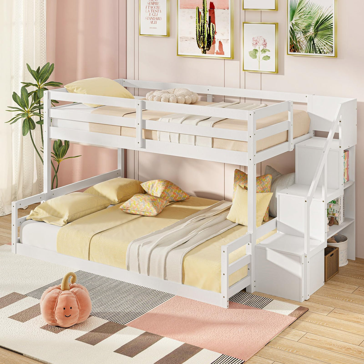 Goflame Bunk Bed with Stairs, Solid Wood Floor Bunk Bed with Storage Staircase & Full-Length Guardrails