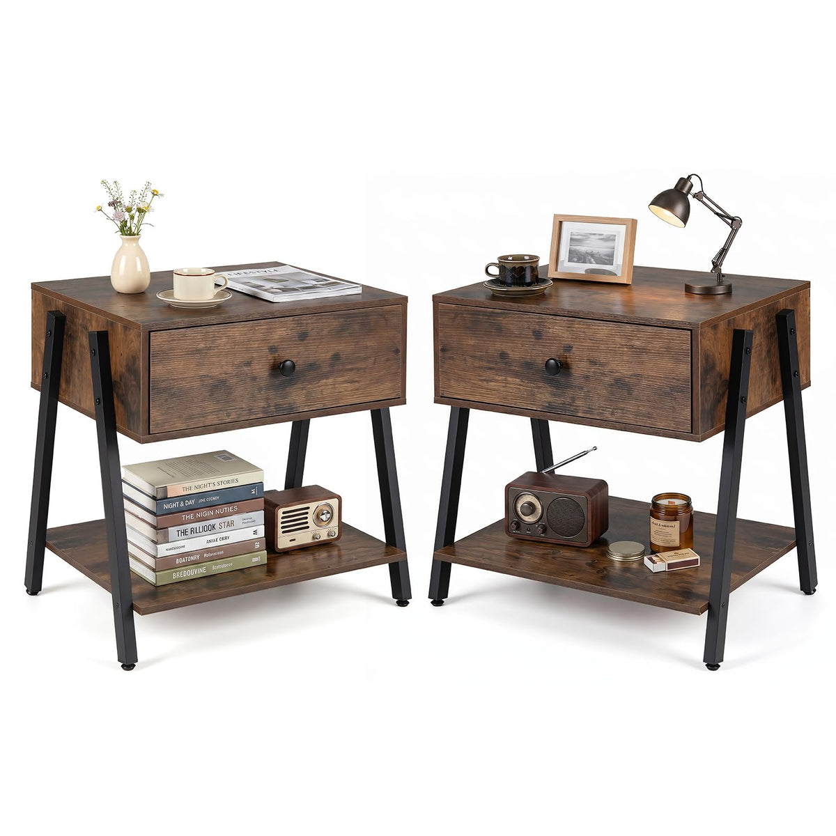 Goflame Industrial Night Stand with Drawer and Open Shelf