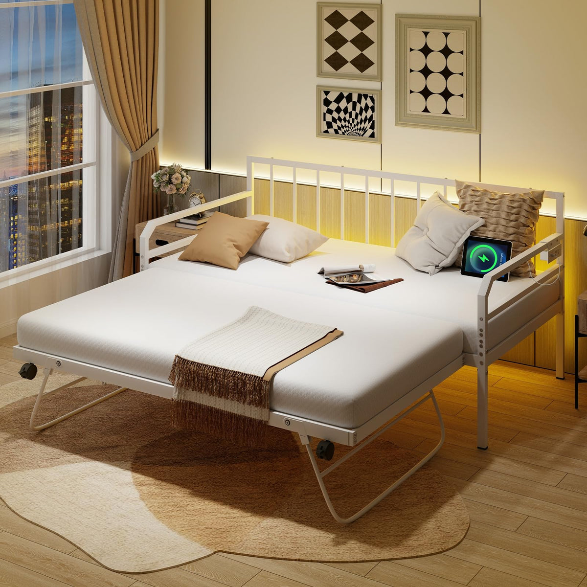 Goflame Twin Daybed with Trundle, Twin Bed Frame with Charging Station & LED Lights, Metal Trundle Bed Twin w/Steel Slats Support