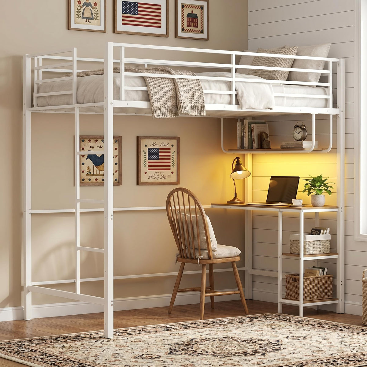 Goflame Twin Loft Bed with Desk LED Lights & Charging Station
