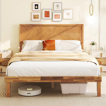 Goflame Wood Twin Bed/Full Size Bed/Queen Bed Frames with Headboard, Solid Acacia Wood Platform Bed with 12 Strong Wooden Slat Support