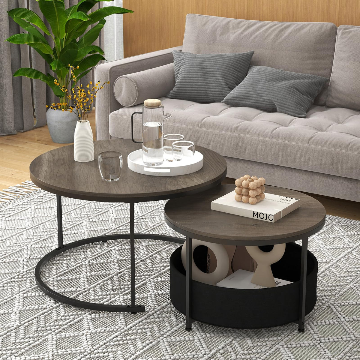 Goflame 31.5" Round Coffee Table with Removable Fabric Basket & Metal Frame