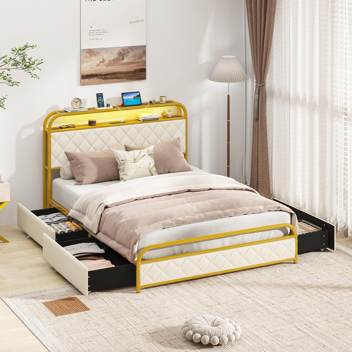 Goflame Queen/Full/Twin Size Bed Frame with 4 Storage Drawers and Charging Station