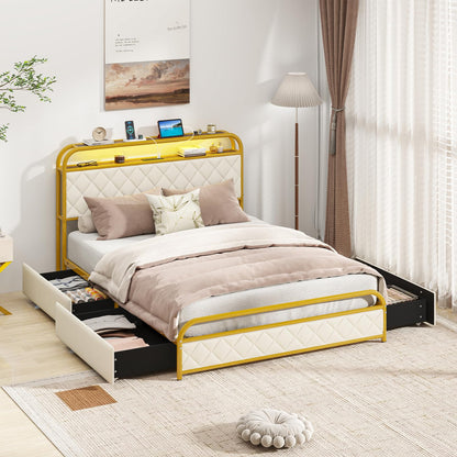 Goflame Queen/Full/Twin Size Bed Frame with 4 Storage Drawers and Charging Station