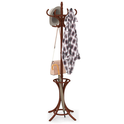 Goflame Solid Wood Coat Rack, Freestanding Hall Tree w/12 Hooks, Umbrella Holder, Entryway Hanger Stand for Coat