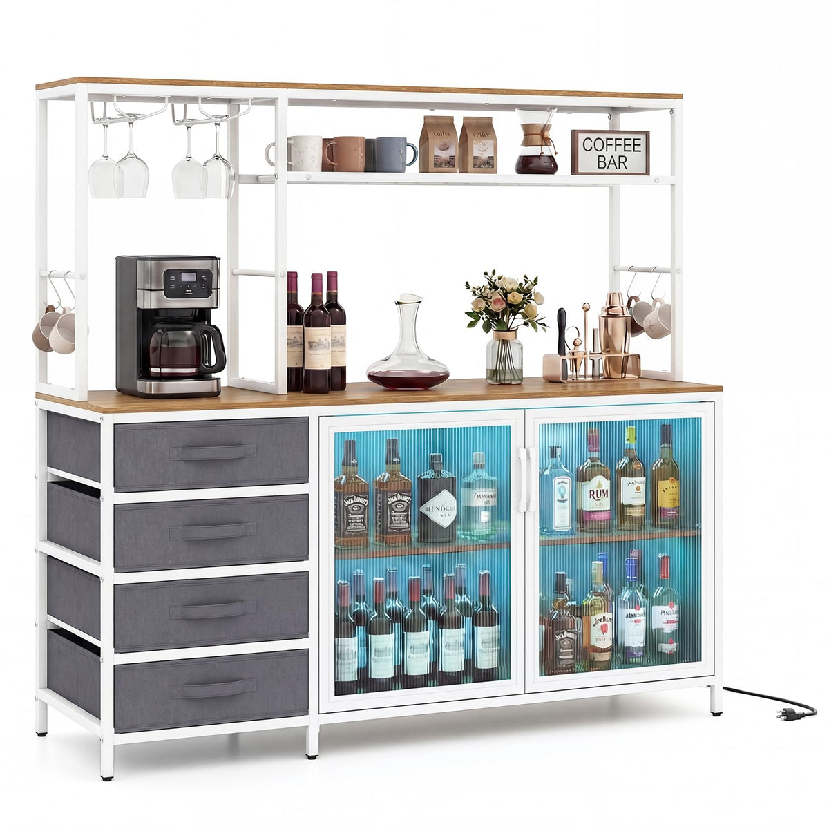 Goflame Tall Wine Bar Cabinet with LED Lights for Kitchen