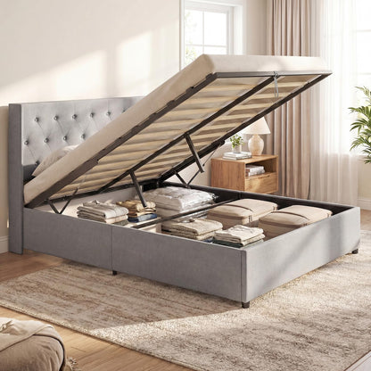 Goflame Modern Linen Upholstered Platform w/Button Tufted Wingback Headboard & Hydraulic Support