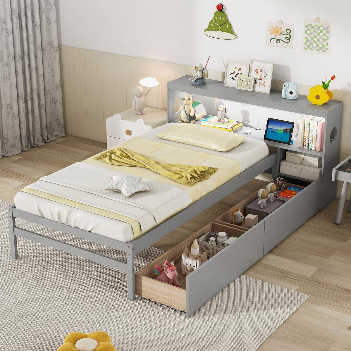 Goflame Wood Twin Bed Frame with Storage Drawer & Headboard, Modern Platform Bed with Charging Station & LED Light