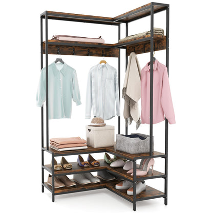 Goflame Corner Coat Rack with Shoe Bench, L-shaped Garment Rack with 5 Shelves & 7 Hooks