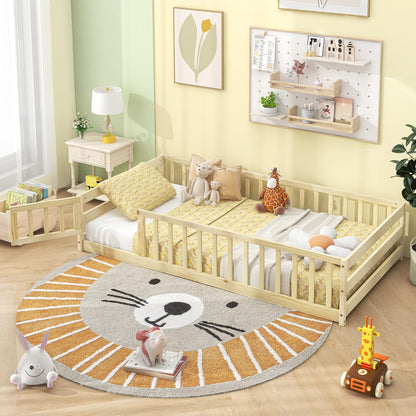 Goflame Twin Floor Bed with Door & Fence, Kids Wood Montessori Bed with Safety Guardrails