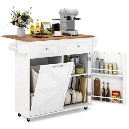 Goflame Kitchen Island Cart with Hidden Tilt Out Trash Can Cabinet, Drop Leaf, 2 Drawers, Towel Rack