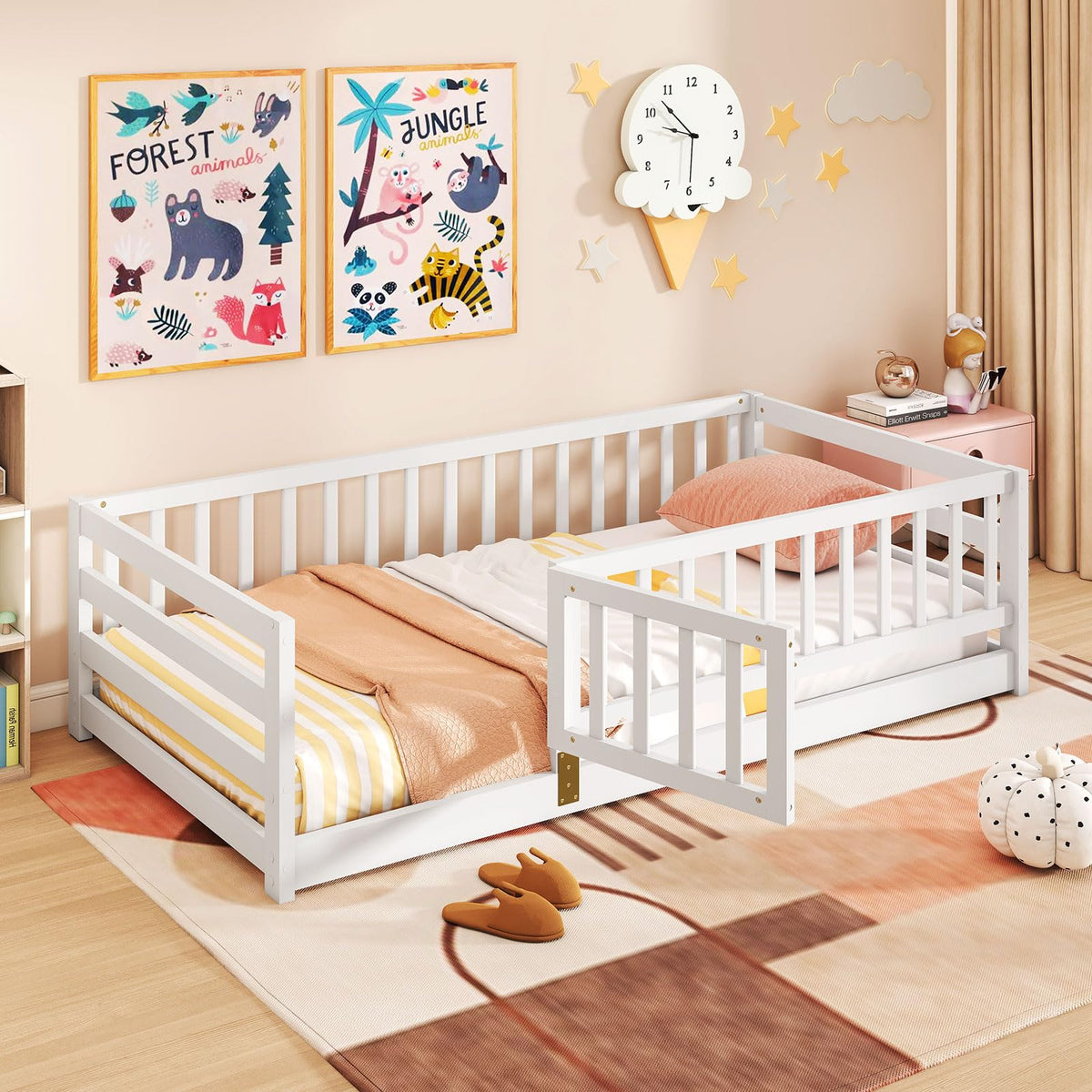 Goflame Twin Floor Bed with High Fence & Door