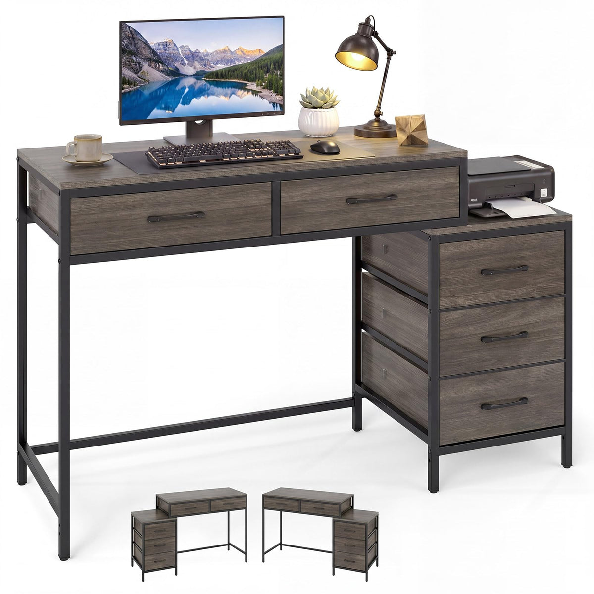 Goflame Reversible Computer Desk with 5 Drawers