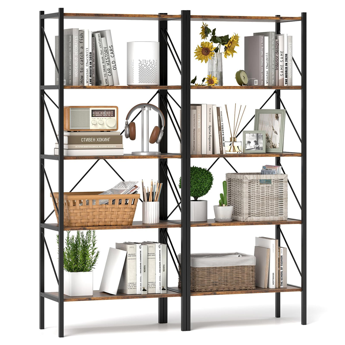 Goflame 5-Tier Bookshelf, Industrial Tall Bookcase with Open Storage Shelves & Heavy Duty Metal Frame