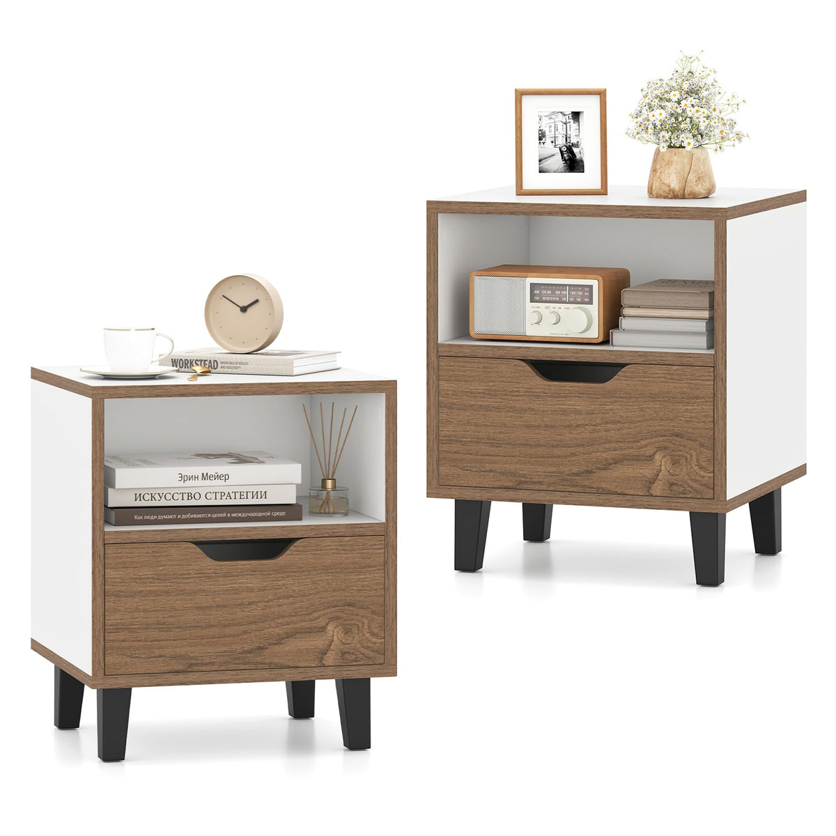 Goflame Mid Century Modern Nightstand with Metal Legs