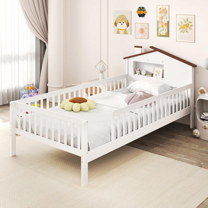 Goflame Twin Bed Frames for Kids, Solid Wood Montessori Bed with House-Shaped Headboard & Built-in Storage Shelf