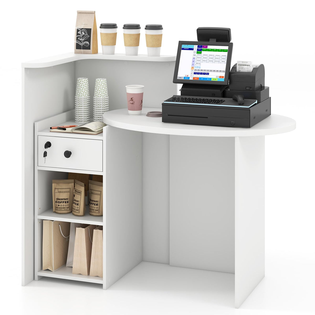 Goflame Reception Desk, Front Counter Desk with Lockable Drawer, Checkout Table with Round Tabletop