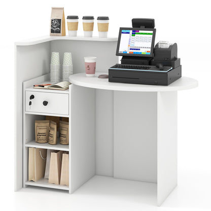Goflame Reception Desk, Front Counter Desk with Lockable Drawer, Checkout Table with Round Tabletop