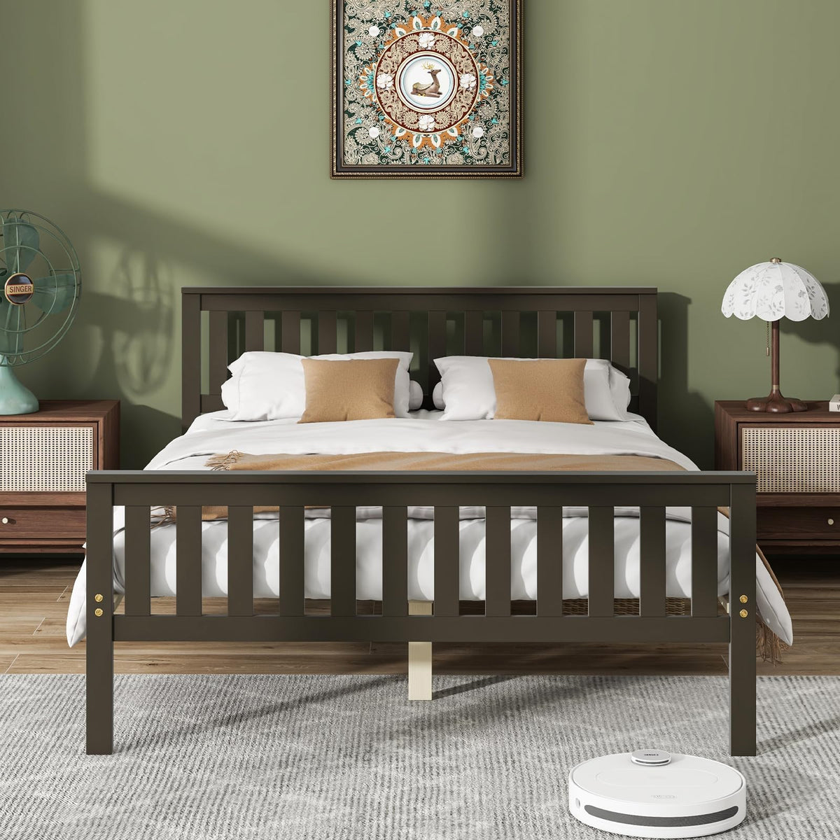 Goflame Queen/Full/Twin Size Wood Bed Frames with Headboard, Mid Century Platform Bed with Wooden Slats Support