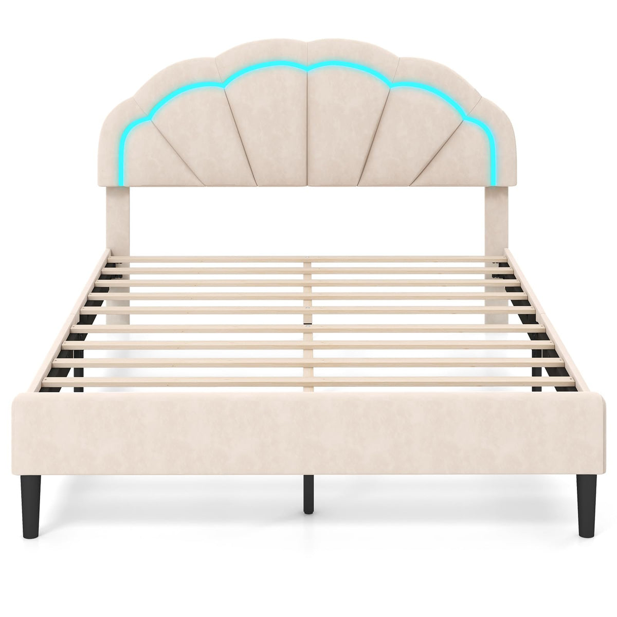 Goflame Full Size LED Bed Frame, Velvet Upholstered Full Platform Bed with Adjustable Cloud Headboard